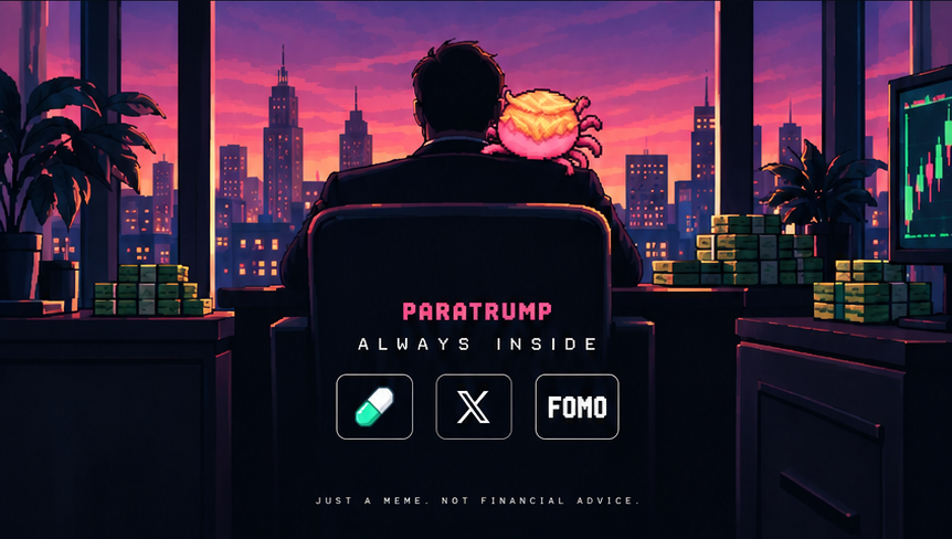 PARATRUMP on a trader's shoulder overlooking the sunset city. Always inside. Just a meme. Not financial advice.