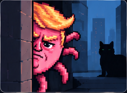 PARATRUMP peeking around a corner with a black cat in the background.