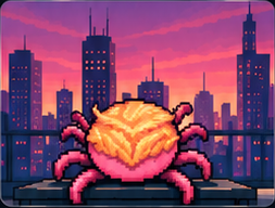 PARATRUMP looking over a pink sunset city skyline.