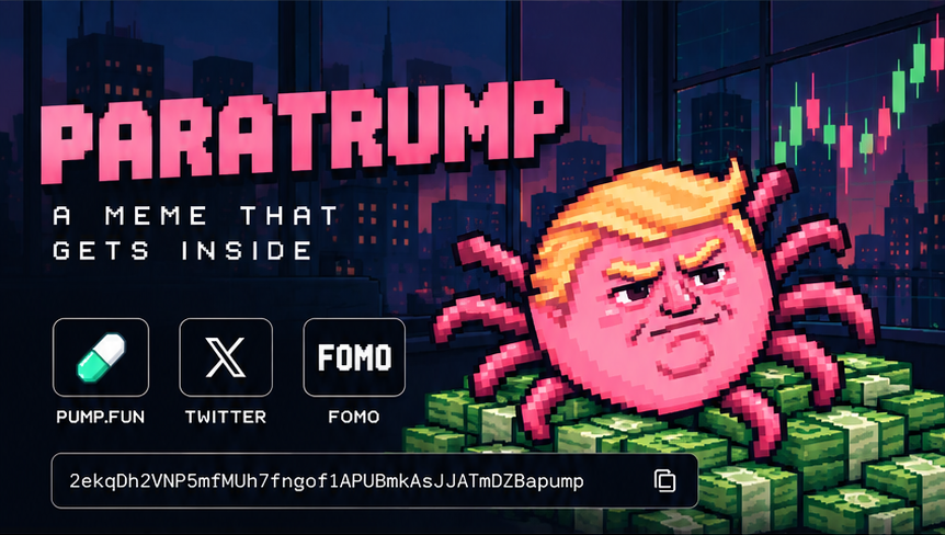 Pink pixel-art PARATRUMP with golden hair, sitting on stacks of cash against a night-time trading skyline.